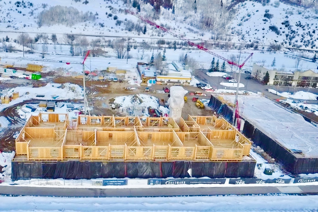 Deck framing laid out in winter conditions